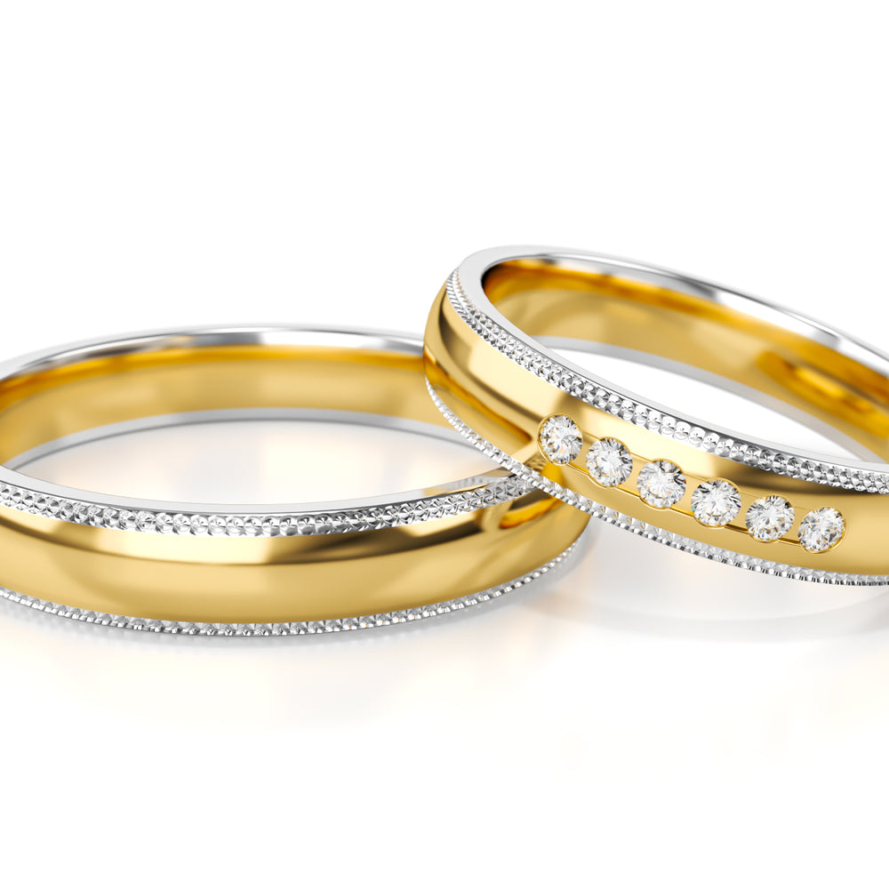 
                  
                    Dviejų spalvų aukso vestuviniai žiedai su deimantais 4 mm pločio, 0.09 ct, 585 praba
                  
                