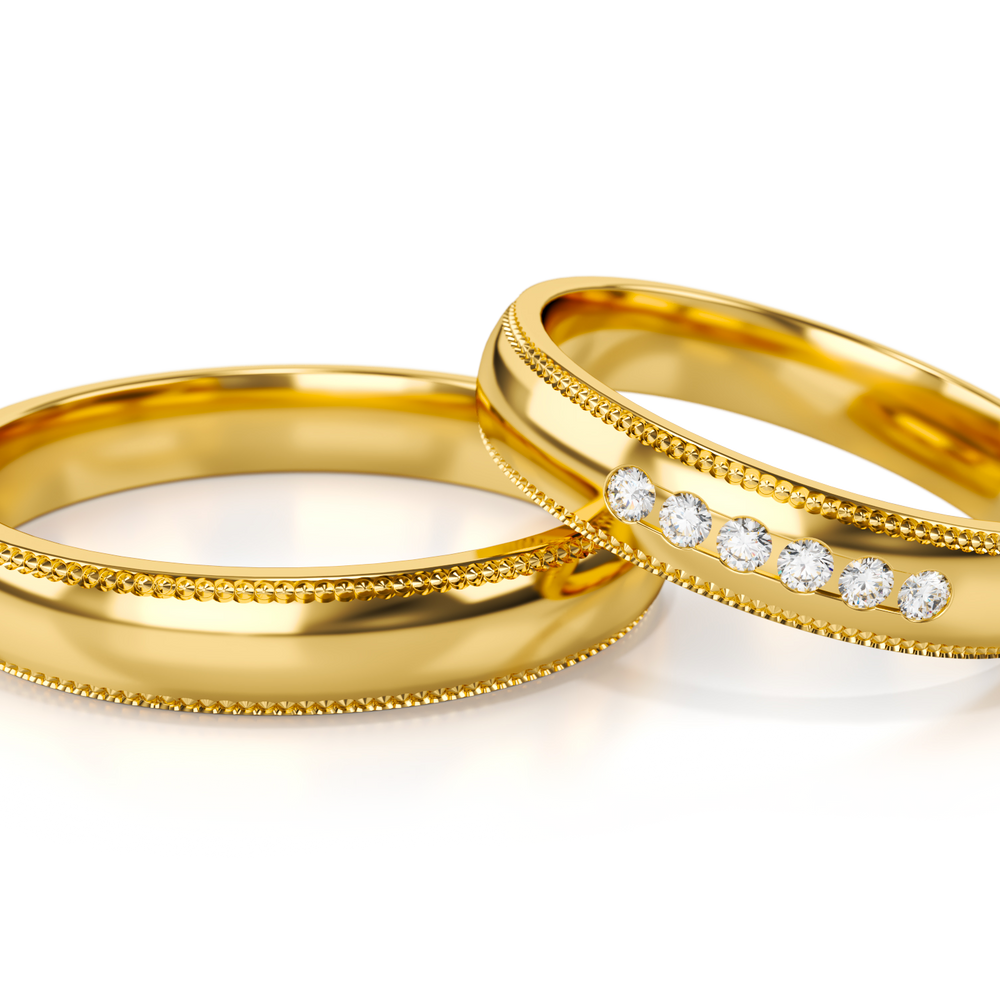 
                  
                    Dviejų spalvų aukso vestuviniai žiedai su deimantais 4 mm pločio, 0.09 ct, 585 praba
                  
                