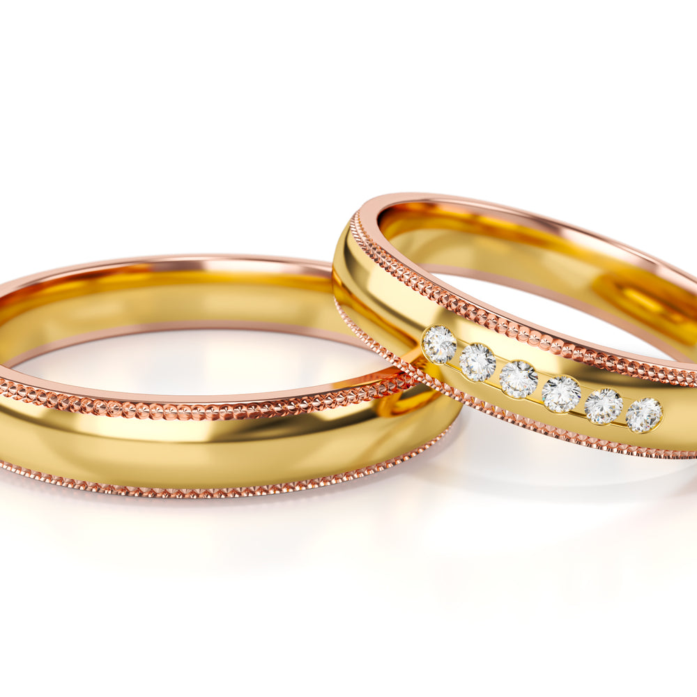 
                  
                    Dviejų spalvų aukso vestuviniai žiedai su deimantais 4 mm pločio, 0.09 ct, 585 praba
                  
                