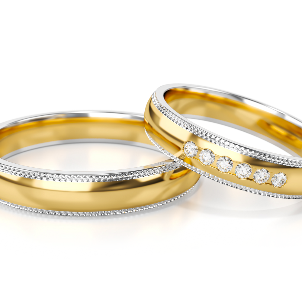 
                  
                    Dviejų spalvų aukso vestuviniai žiedai su deimantais 4 mm pločio, 0.09 ct, 585 praba
                  
                