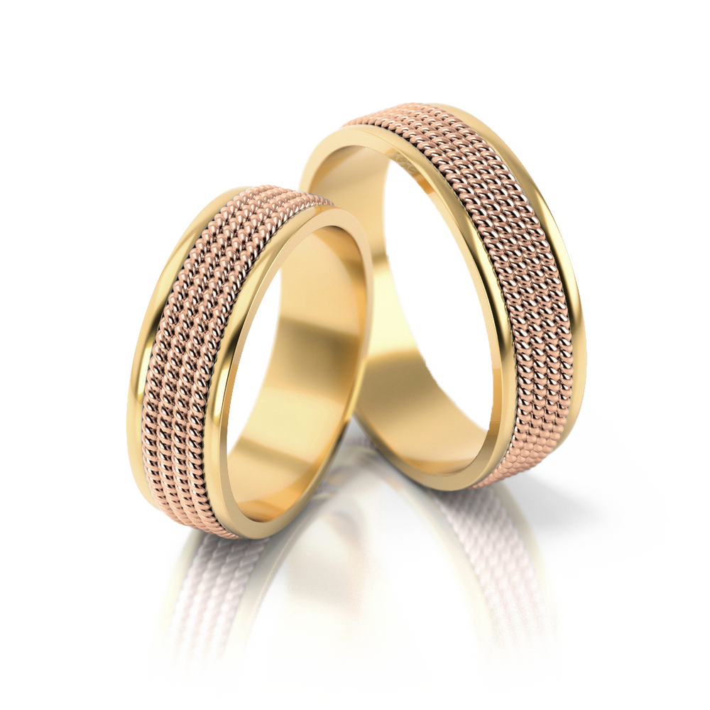 
                  
                    Dviejų spalvų vestuviniai žiedai su tekstūriniu raštu (6 mm)
                  
                