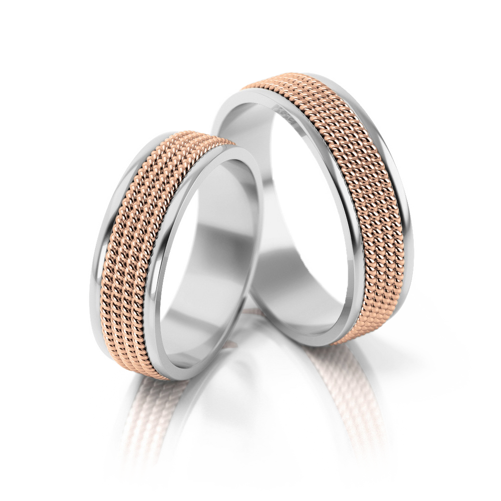 
                  
                    Dviejų spalvų vestuviniai žiedai su tekstūriniu raštu (6 mm)
                  
                