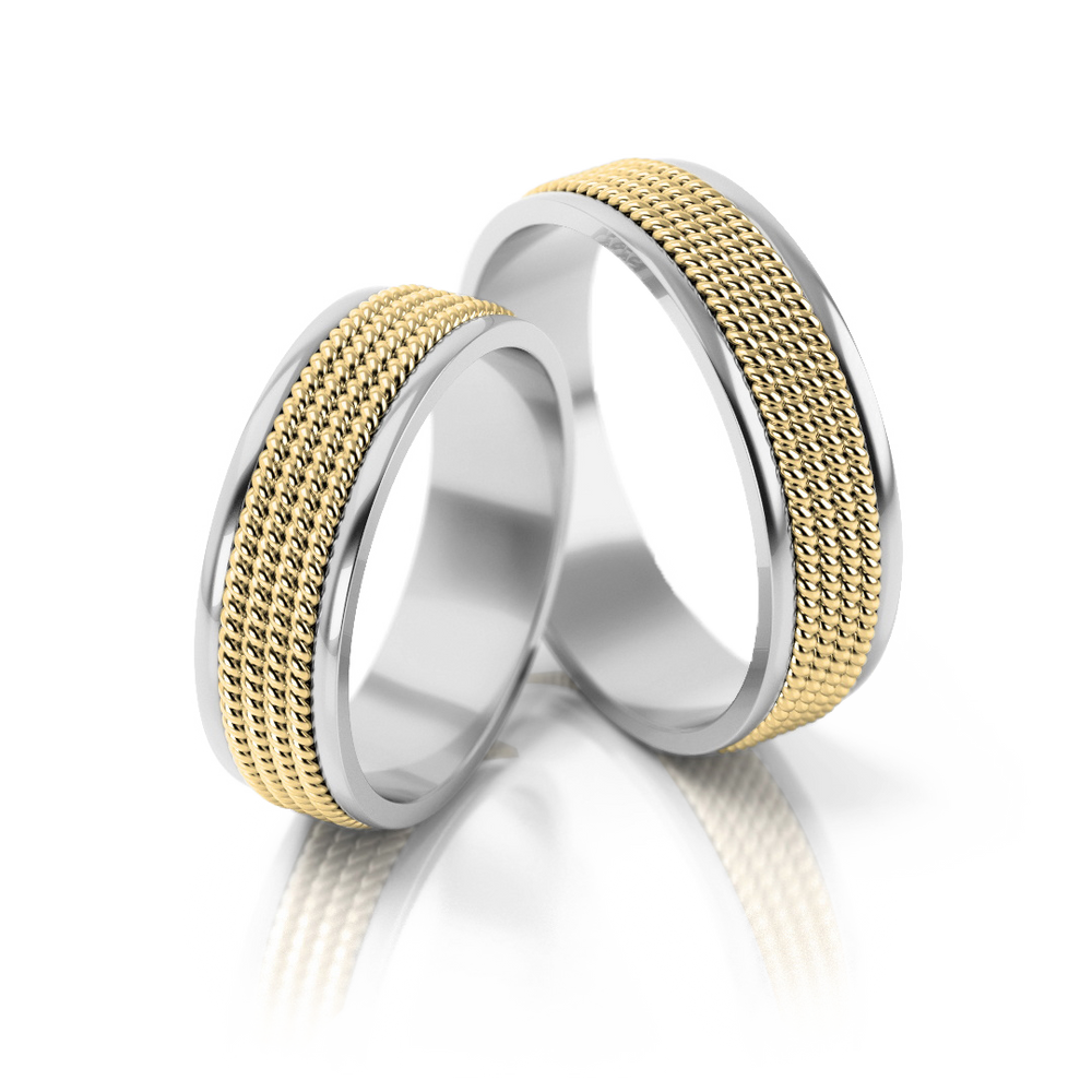 
                  
                    Dviejų spalvų vestuviniai žiedai su tekstūriniu raštu (6 mm)
                  
                