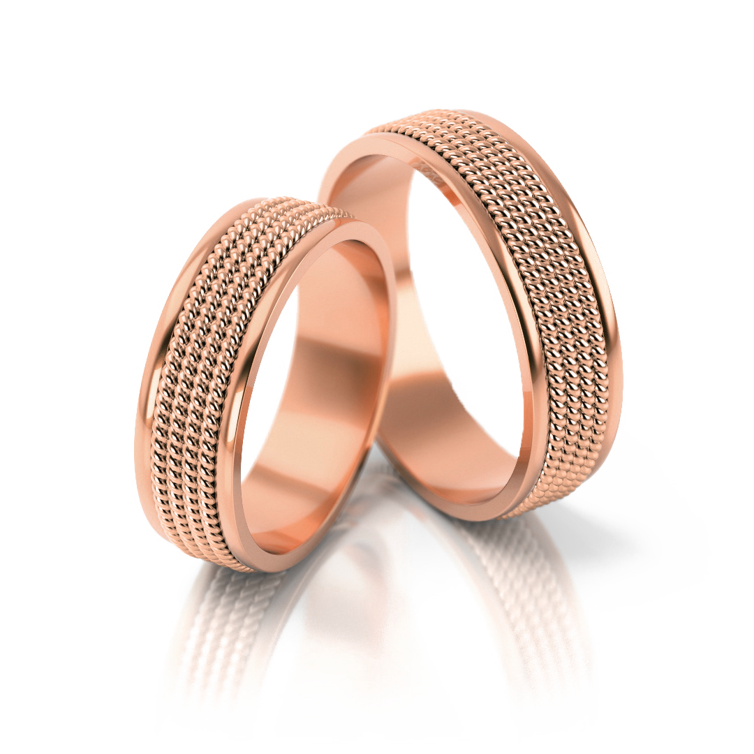 Dviejų spalvų vestuviniai žiedai su tekstūriniu raštu (6 mm)
