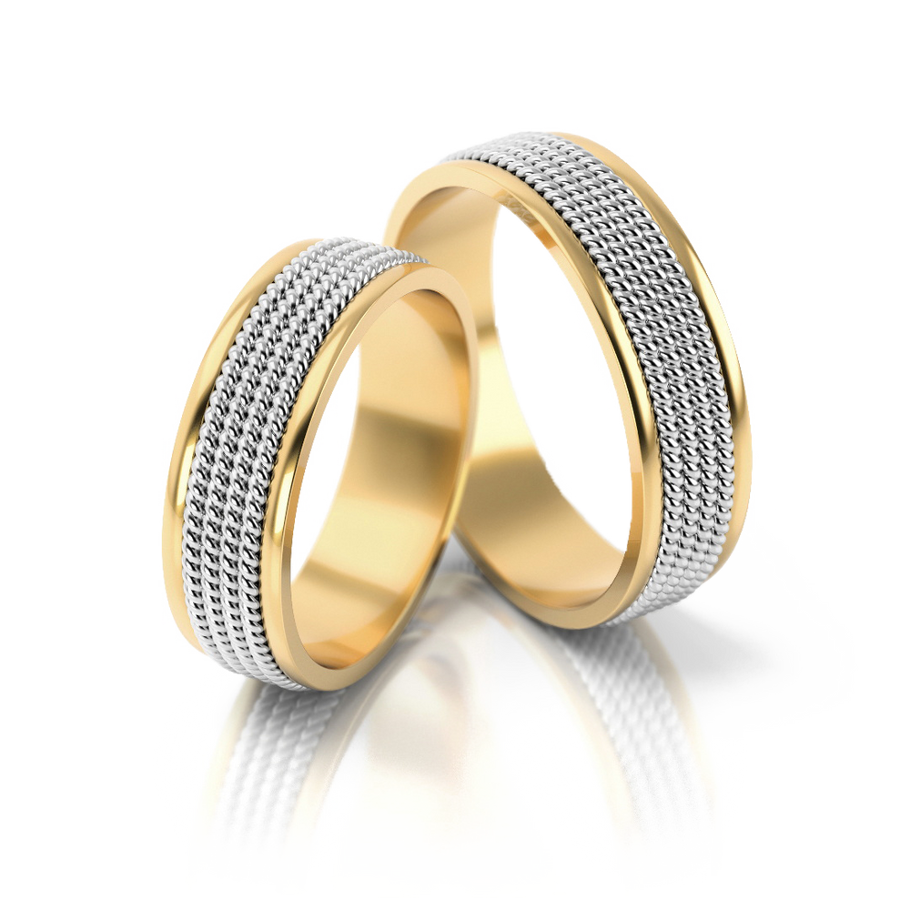 Dviejų spalvų 585 prabos vestuviniai žiedai su išskirtiniu paviršiaus raštu – ADORO