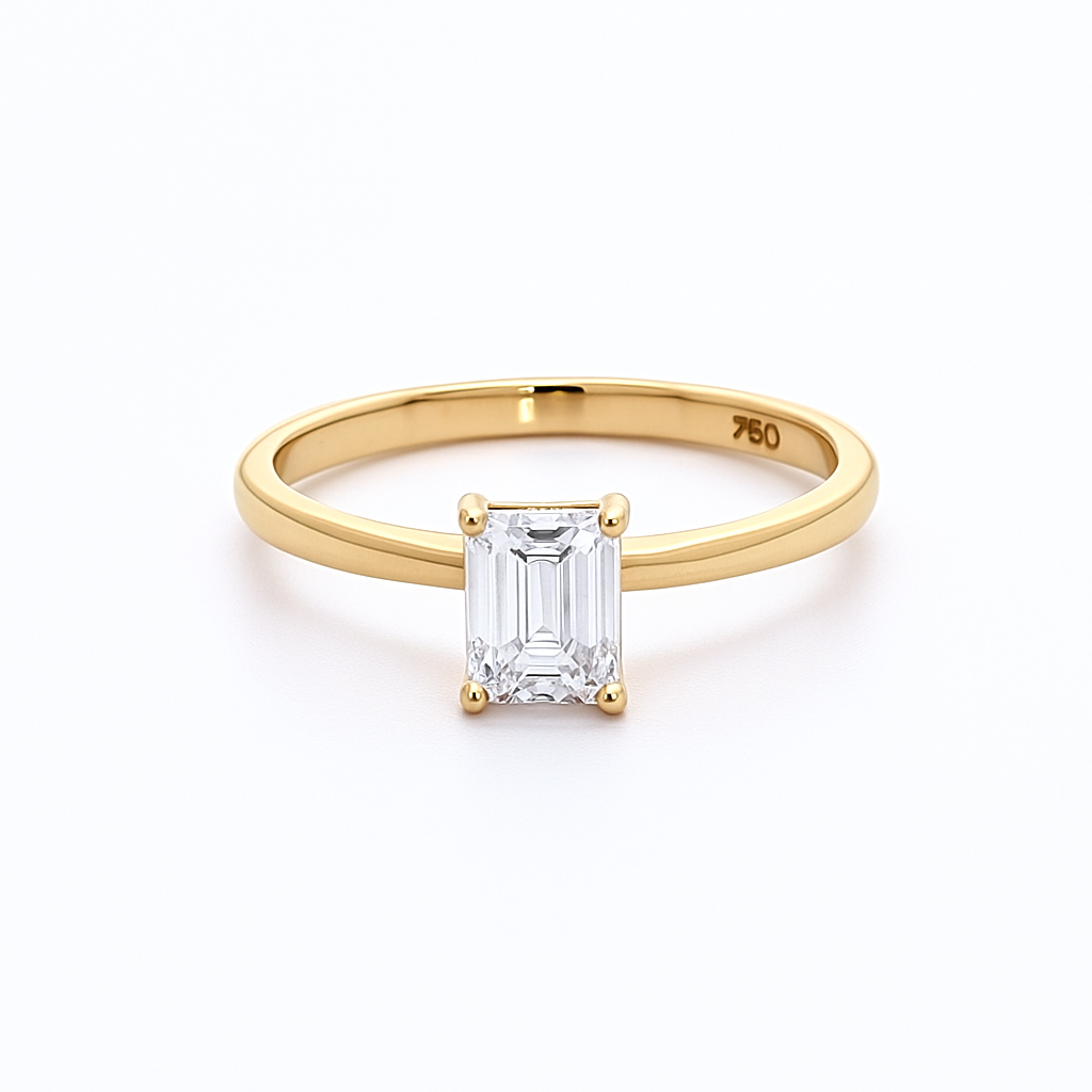 Klasikinis 585 prabos žiedas su smaragdo formos laboratoriniu deimantu – ADORO