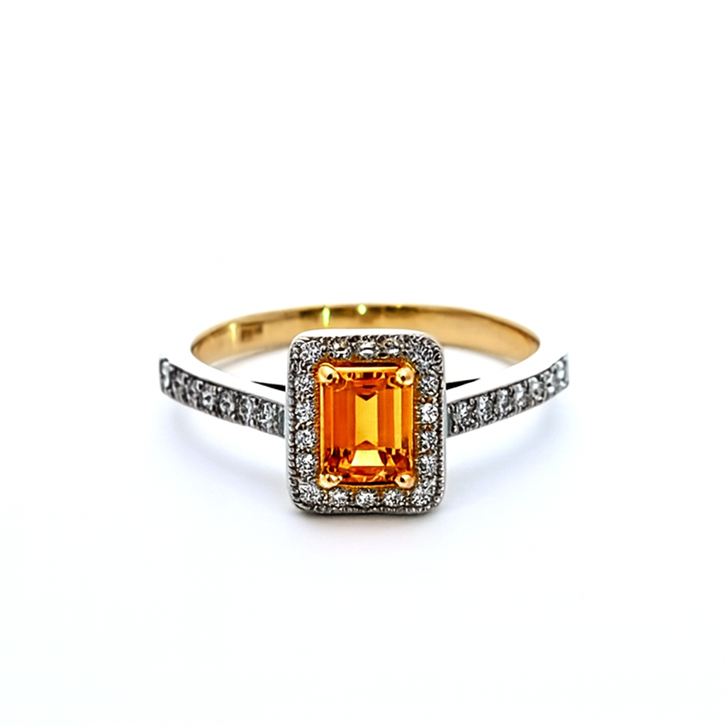 Geltono aukso žiedas su citrinu ir deimantais – ADORO juvelyrika