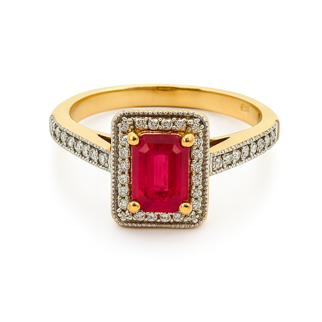 585 prabos žiedas su 0.80 ct rubinu ir 34 briliantais (0.22 ct) – ADORO