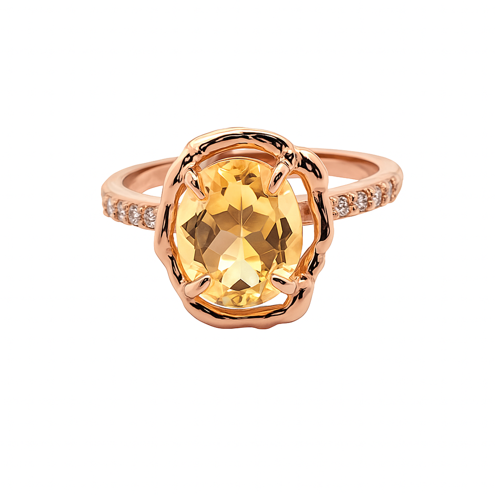 Raudono aukso žiedas su 3 ct citrinu ir 10 deimantų – ADORO juvelyrika