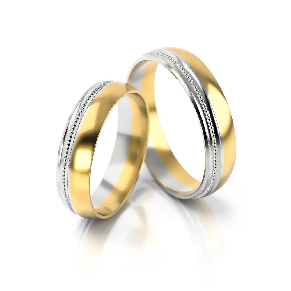Klasikiniai dviejų spalvų vestuviniai žiedai su ornamentuotu kraštu – ADORO juvelyrika