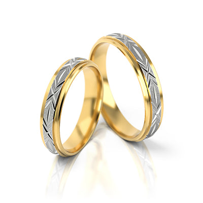 Geltono ir balto aukso 585 prabos vestuviniai žiedai su geometriniu raštu – ADORO