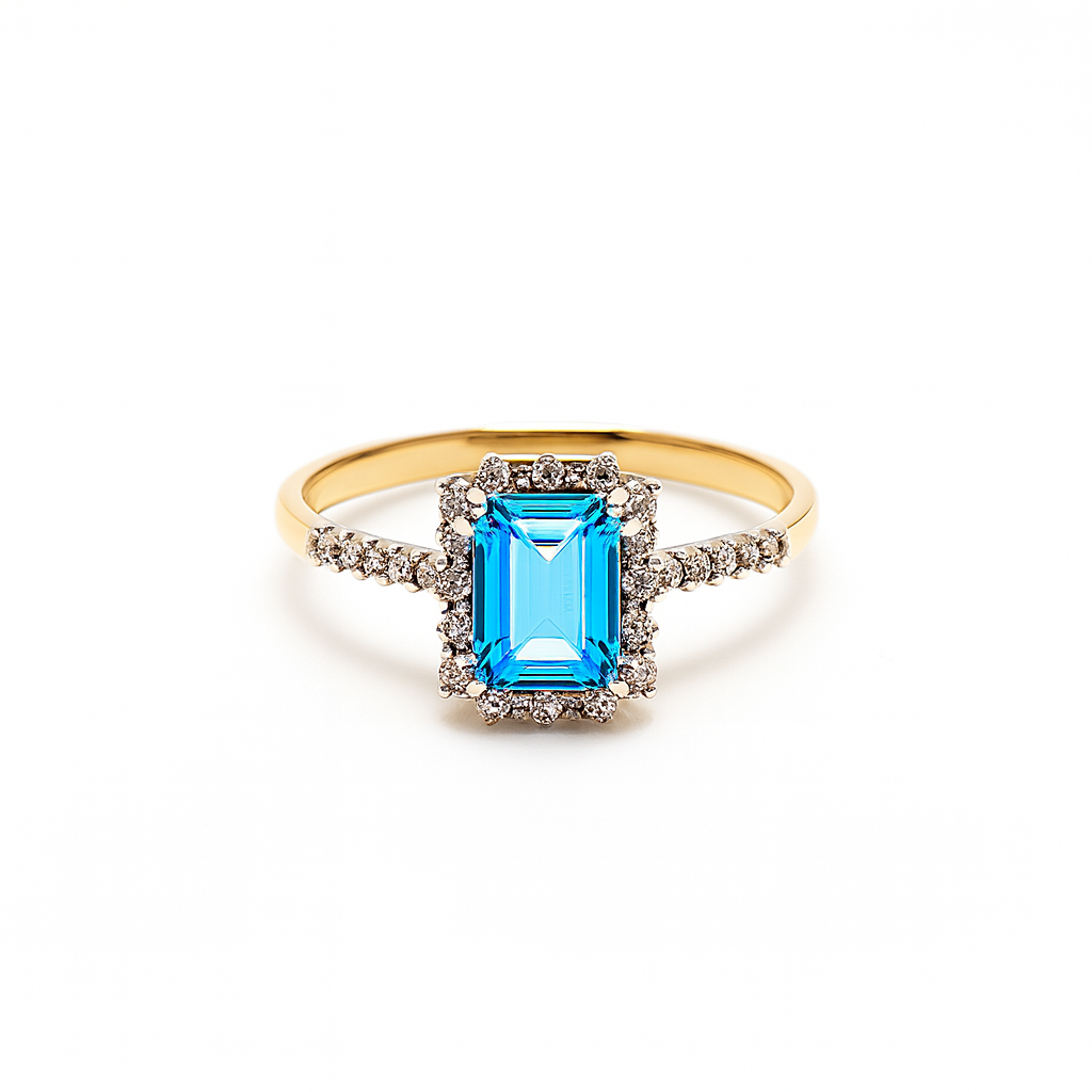 Geltono aukso žiedas su Swiss Blue topazu ir briliantais 2.23 g | ADORO juvelyrika