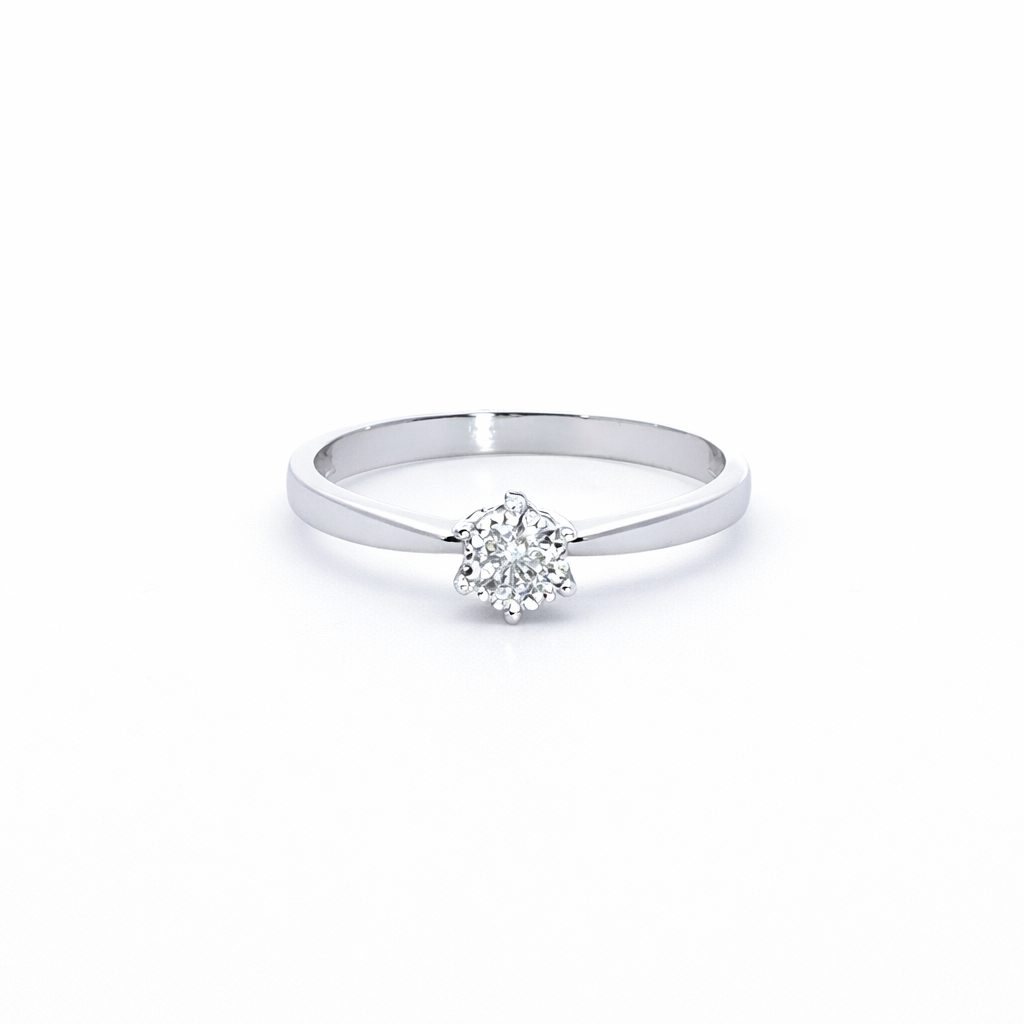 Balto aukso soliterio tipo žiedas su briliantu 0,20 ct, 585 praba, ADORO juvelyrika