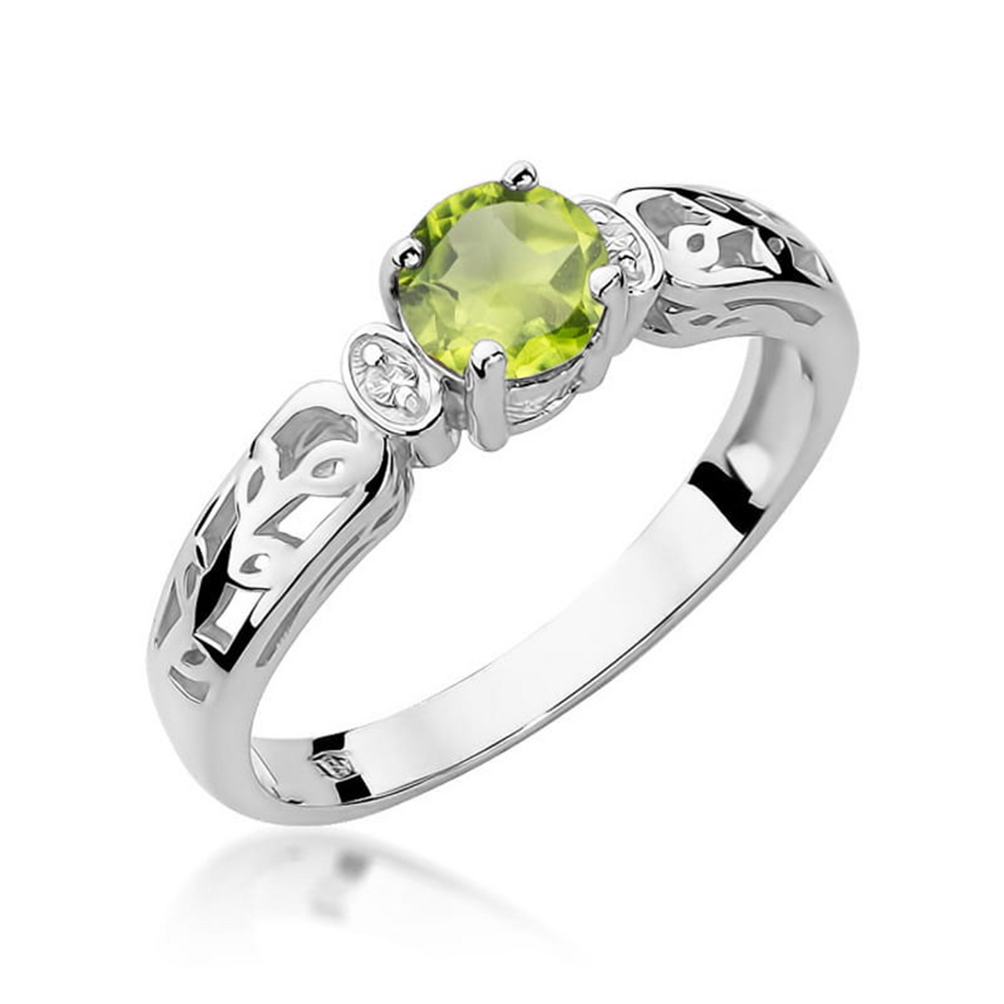 Balto aukso žiedas su 0.6 ct olivinu (peridotu) ir briliantais OP | ADORO juvelyrika