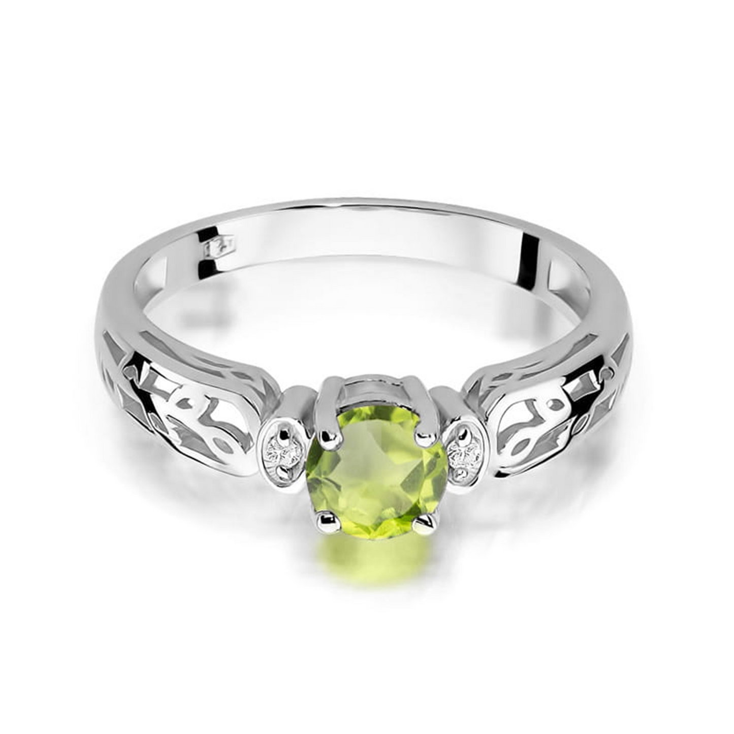 Balto aukso žiedas su 0.6 ct olivinu (peridotu) ir briliantais OP | ADORO juvelyrika