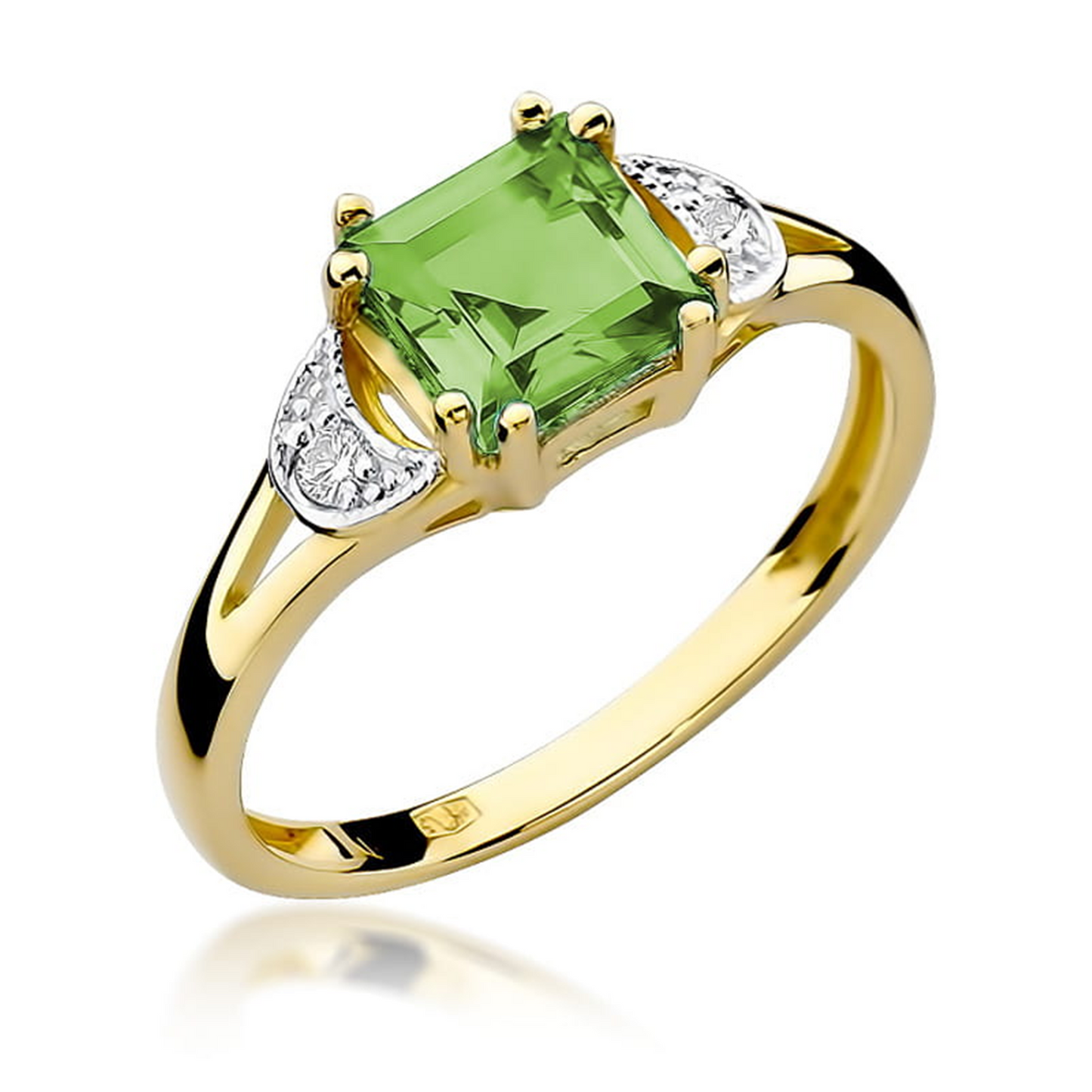 Geltono aukso žiedas su 1.1 ct peridotu ir deimantais BGBP | ADORO juvelyrika