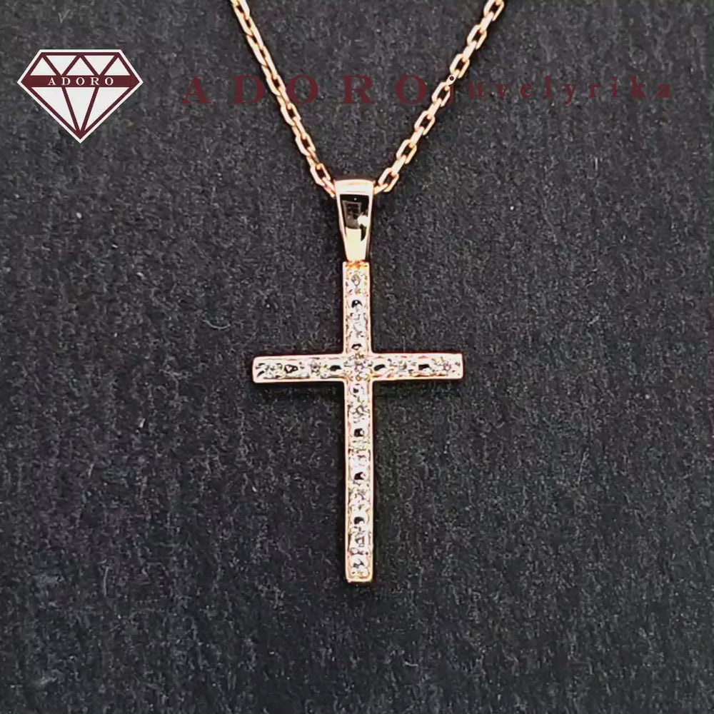 Raudono aukso pakabukas kryželis su 11 deimantų, 0.91 g – ADORO juvelyrika