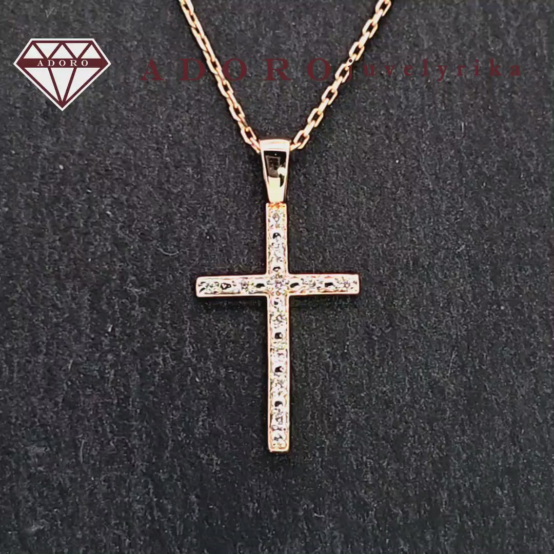 Raudono aukso pakabukas kryželis su 11 deimantų, 0.91 g – ADORO juvelyrika
