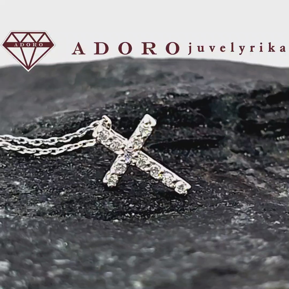 Balto aukso kaklo grandinėlė su kryželiu ir deimantais, 1.35 g, 0.055 ct