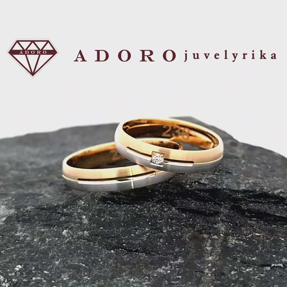 585 prabos dviejų spalvų vestuviniai žiedai su deimantu – ADORO juvelyrika