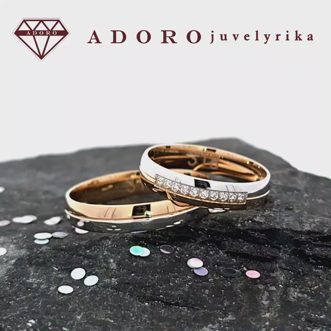 Dviejų spalvų 585 prabos vestuviniai žiedai su išskirtiniu paviršiaus raštu – ADORO