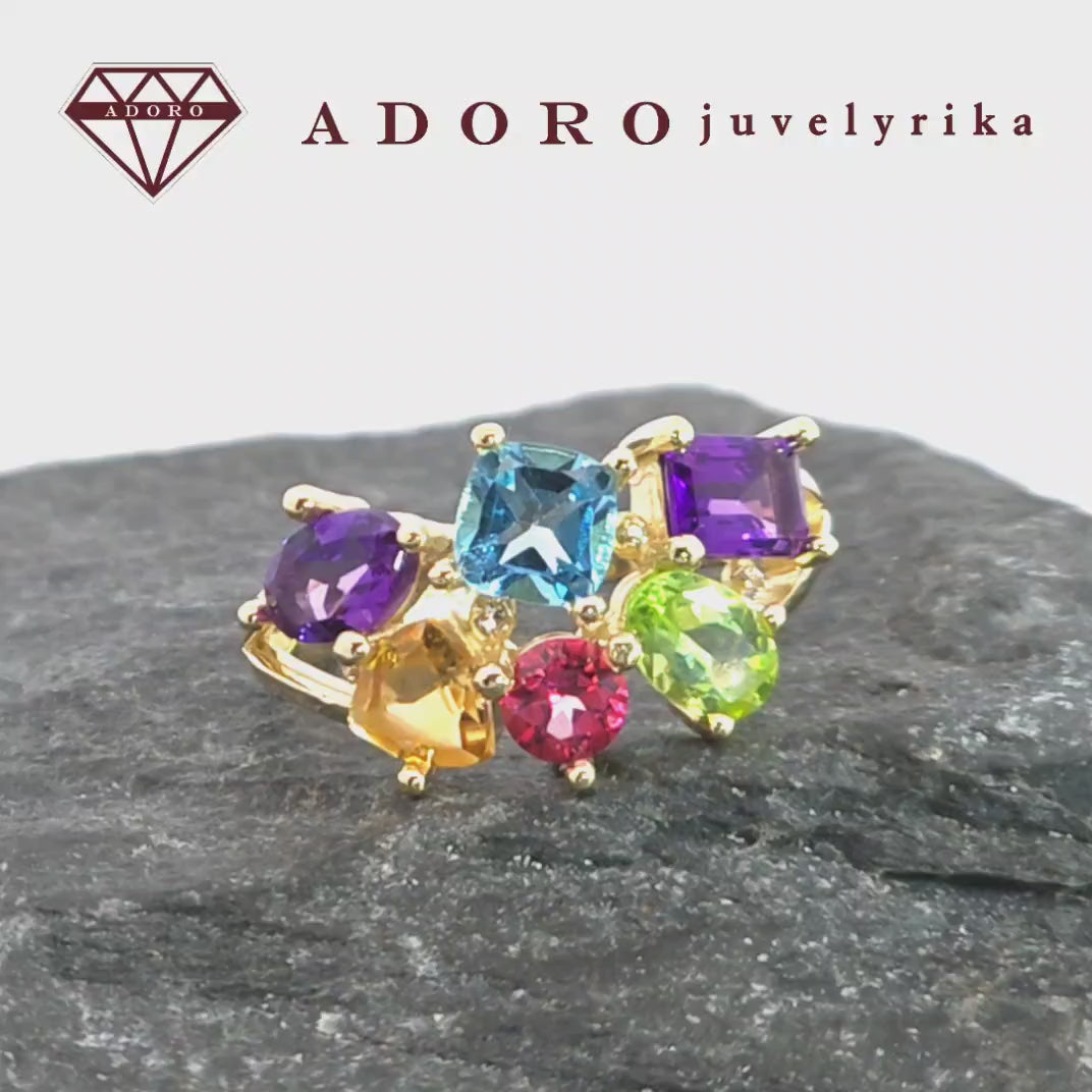 Geltono aukso žiedas su natūraliais spalvotais brangakmeniais – ADORO juvelyrika