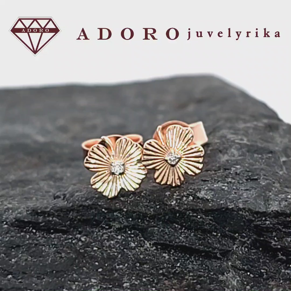 Rausvas auksas 585, keturlapio dobilo auskarai su deimantais – ADORO juvelyrika