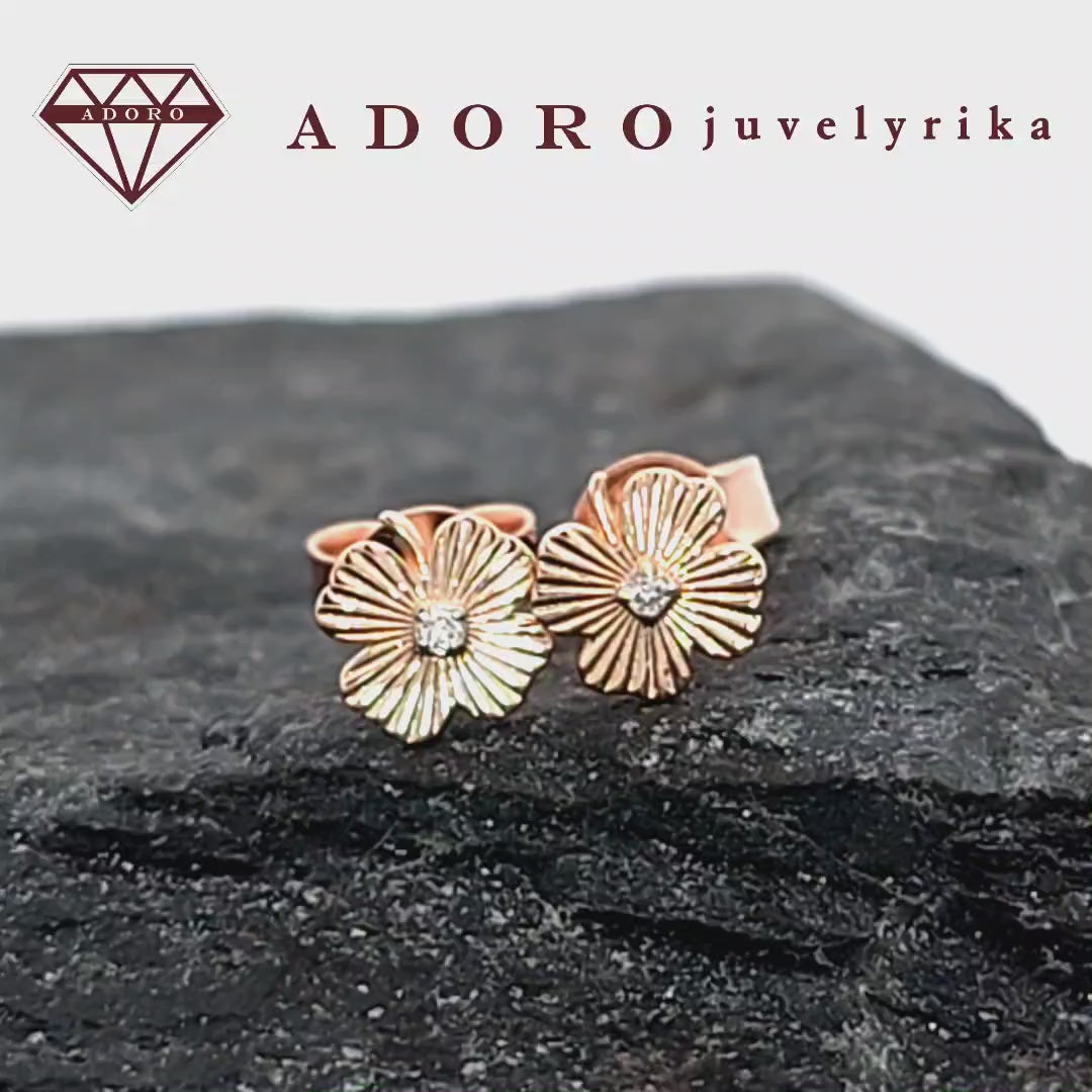 Rausvas auksas 585, keturlapio dobilo auskarai su deimantais – ADORO juvelyrika