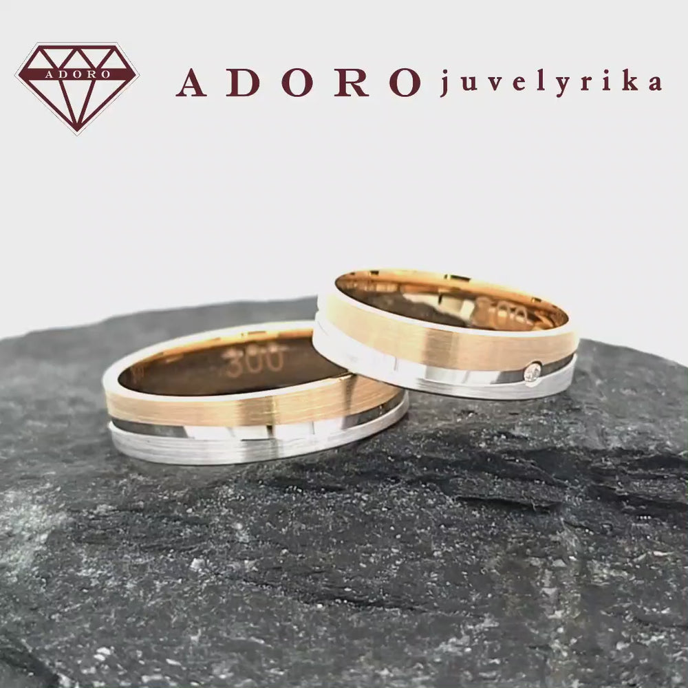 585 prabos dviejų spalvų vestuviniai žiedai su deimantu – ADORO juvelyrika