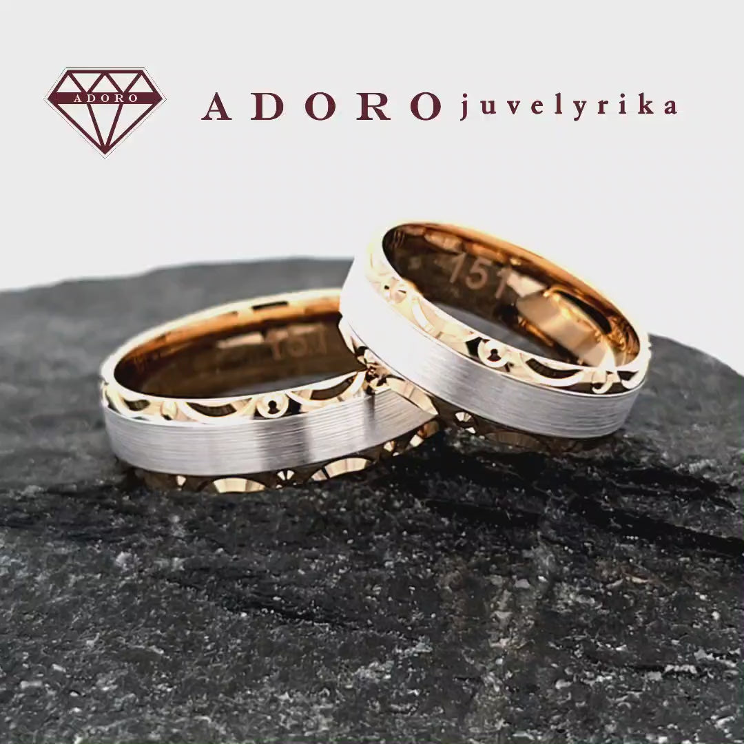 Dviejų spalvų vestuviniai žiedai su ornamentuotais kraštais iš 585 prabos aukso – ADORO juvelyrika