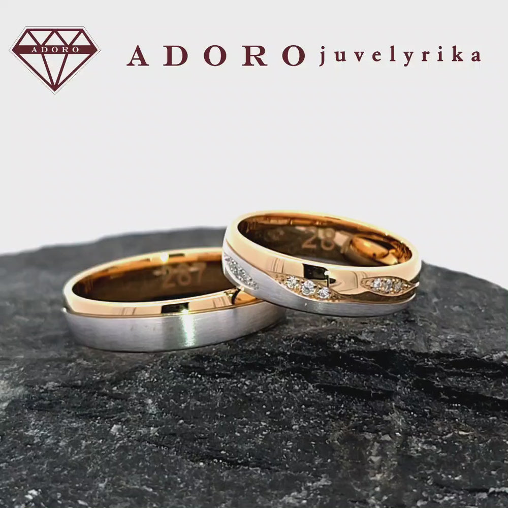Dviejų spalvų vestuviniai žiedai su deimantais – ADORO juvelyrika