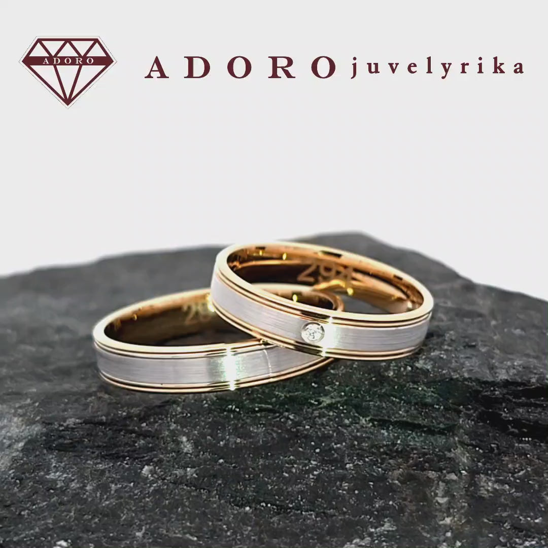 Geltono ir balto aukso vestuviniai žiedai su 0.015 ct deimantu – ADORO juvelyrika