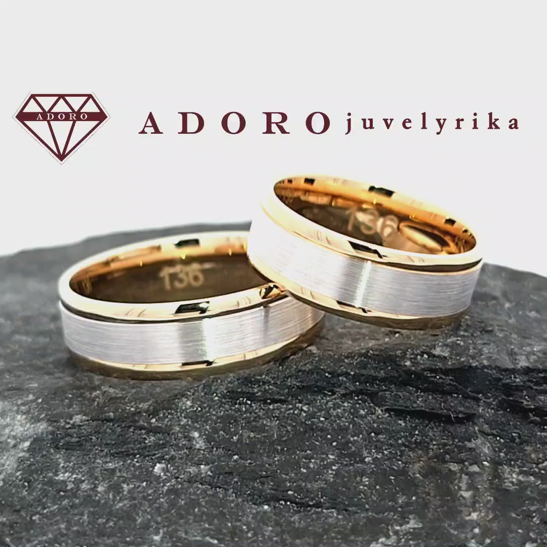Dviejų spalvų vestuviniai žiedai su matiniu baltu auksu – ADORO juvelyrika
