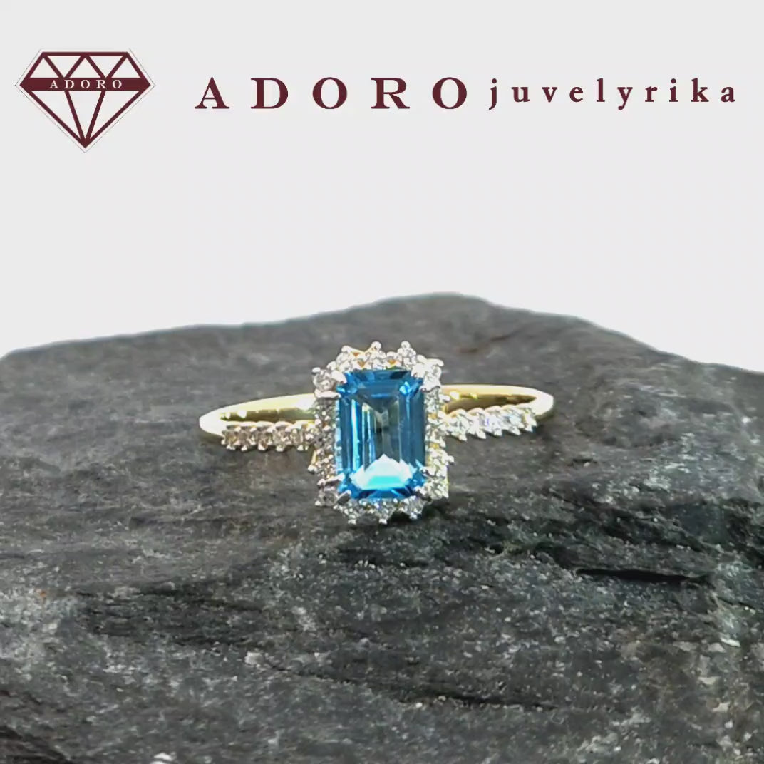 Geltono aukso žiedas su Swiss Blue topazu ir briliantų apdaila – ADORO juvelyrika