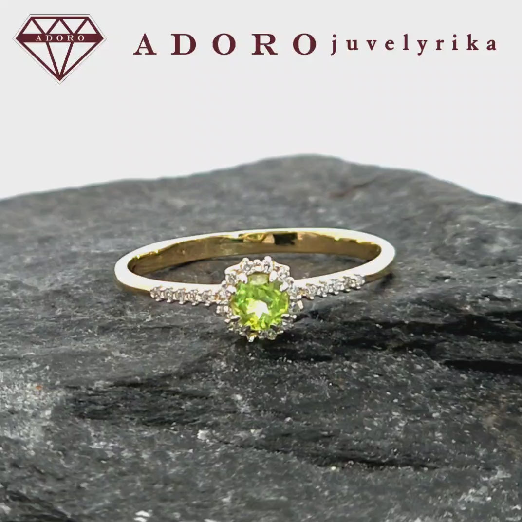 Geltono aukso žiedas su natūraliu olivinu ir briliantais, 585 praba, ADORO juvelyrika