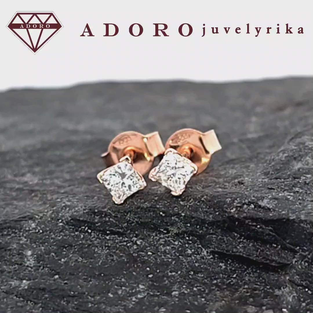 Rausvo aukso auskarai su princess formos 0.15 ct deimantais – ADORO juvelyrika