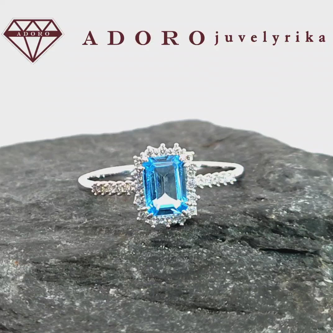 585 balto aukso žiedas su stačiakampiu mėlynu topazu ir briliantais – ADORO juvelyrika