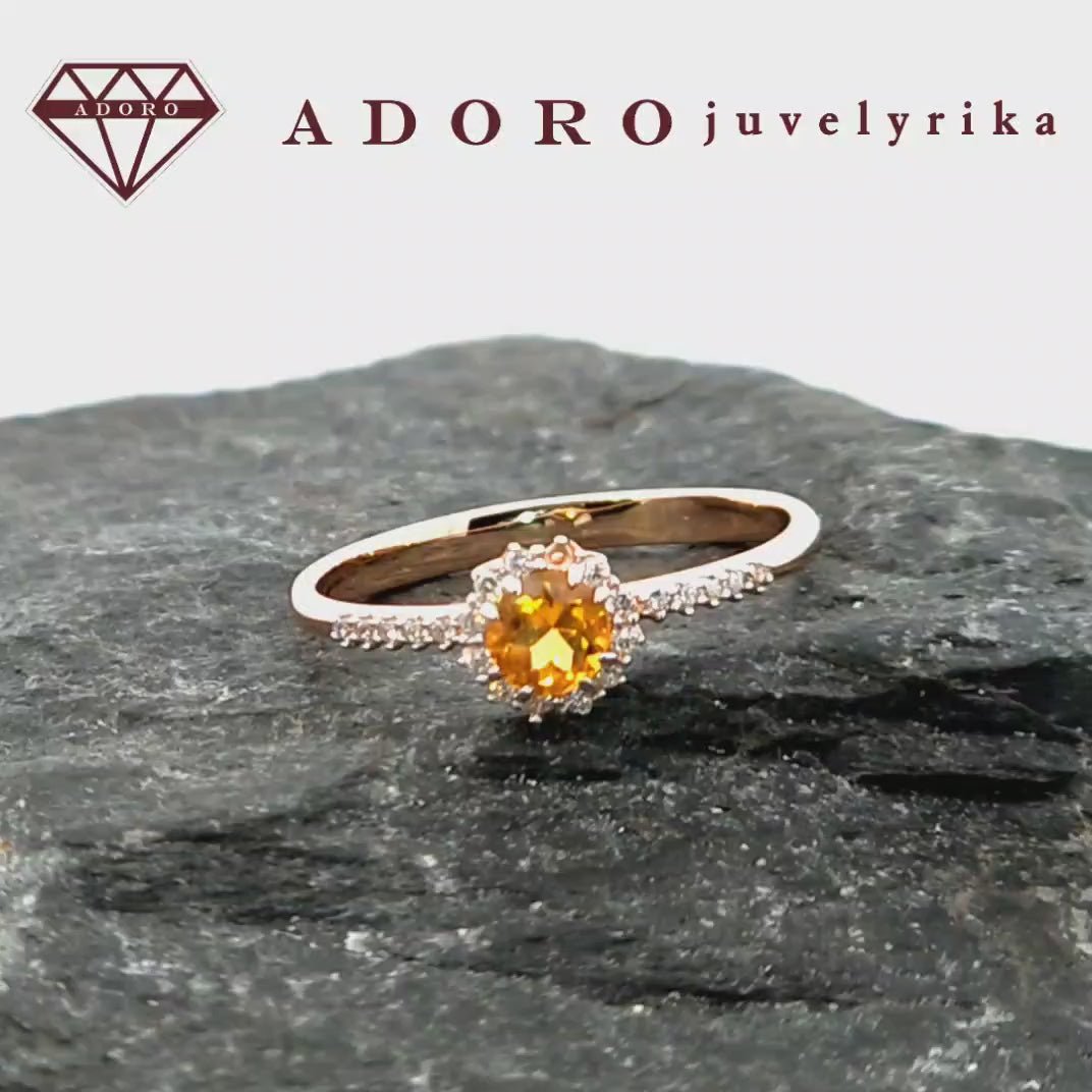 Raudono aukso žiedas su natūraliu tamsiu citrinu ir briliantais, 585 praba, ADORO juvelyrika