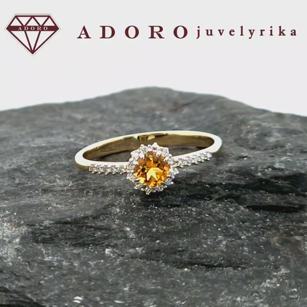 Geltono aukso žiedas su natūraliu citrinu ir briliantais, 585 praba, ADORO juvelyrika