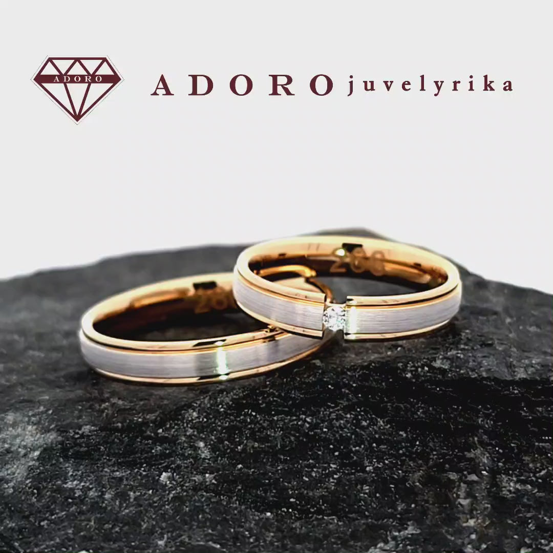 585 prabos vestuviniai žiedai iš geltono ir balto aukso su deimantu – ADORO juvelyrika