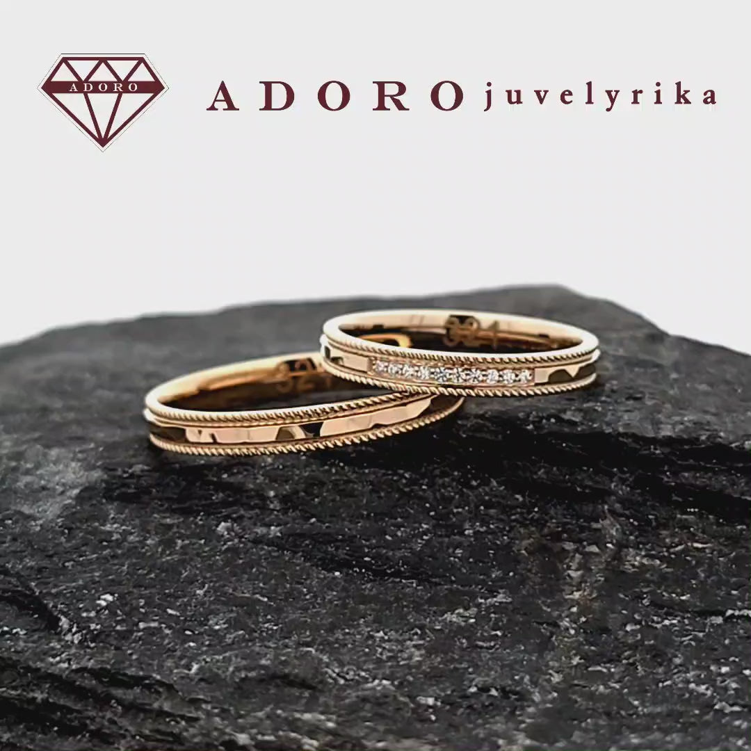 Dviejų spalvų 585 prabos aukso vestuviniai žiedai su deimantais, modelis – ADORO juvelyrika