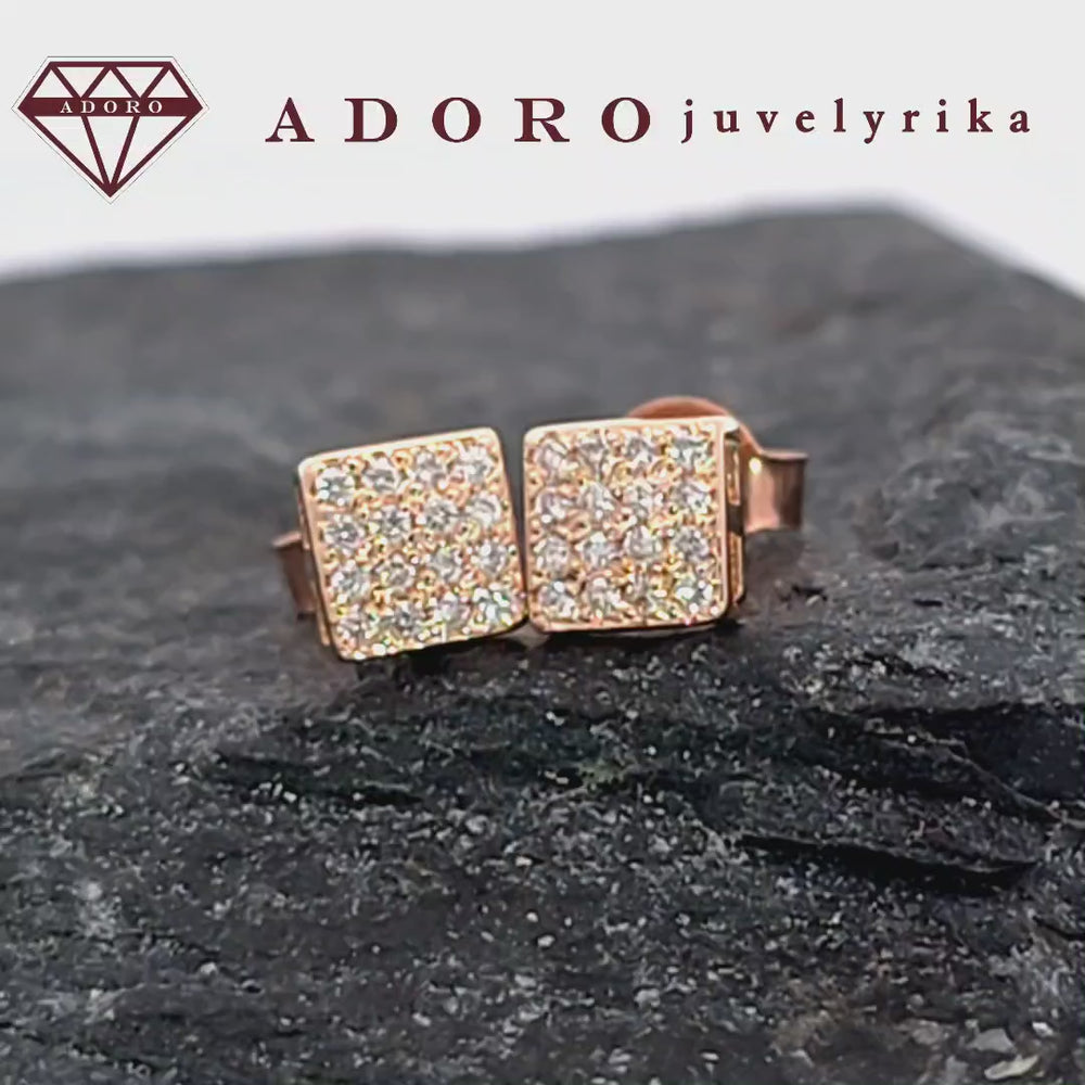 Raudono aukso auskarai su 32 deimantais kvadrato formos dizaino – ADORO juvelyrika
