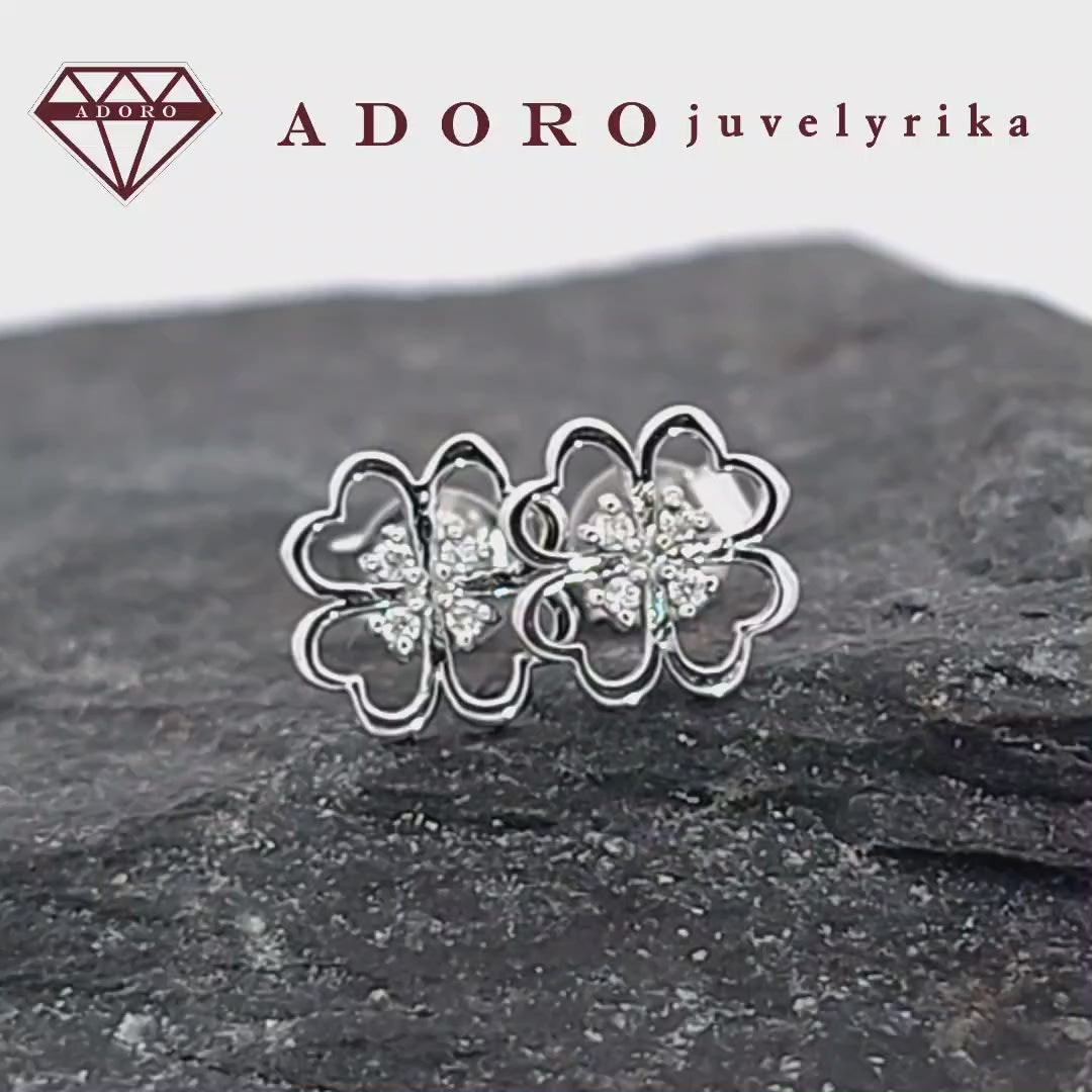 Balto aukso auskarai su 8 deimantais keturlapio dobilo forma – ADORO juvelyrika