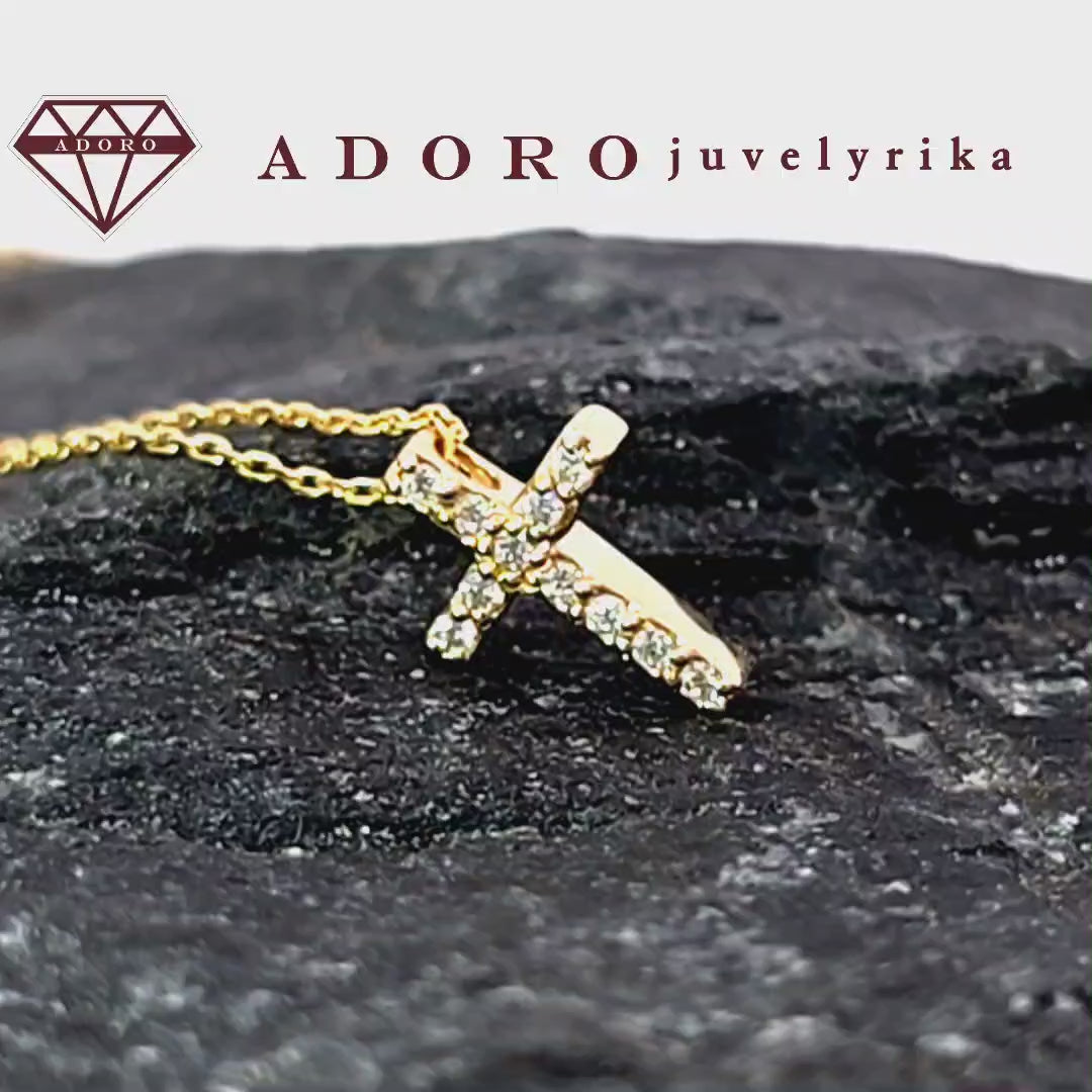 Geltono aukso grandinėlė su kryželiu ir 11 deimantų, 0.055 ct – ADORO juvelyrika