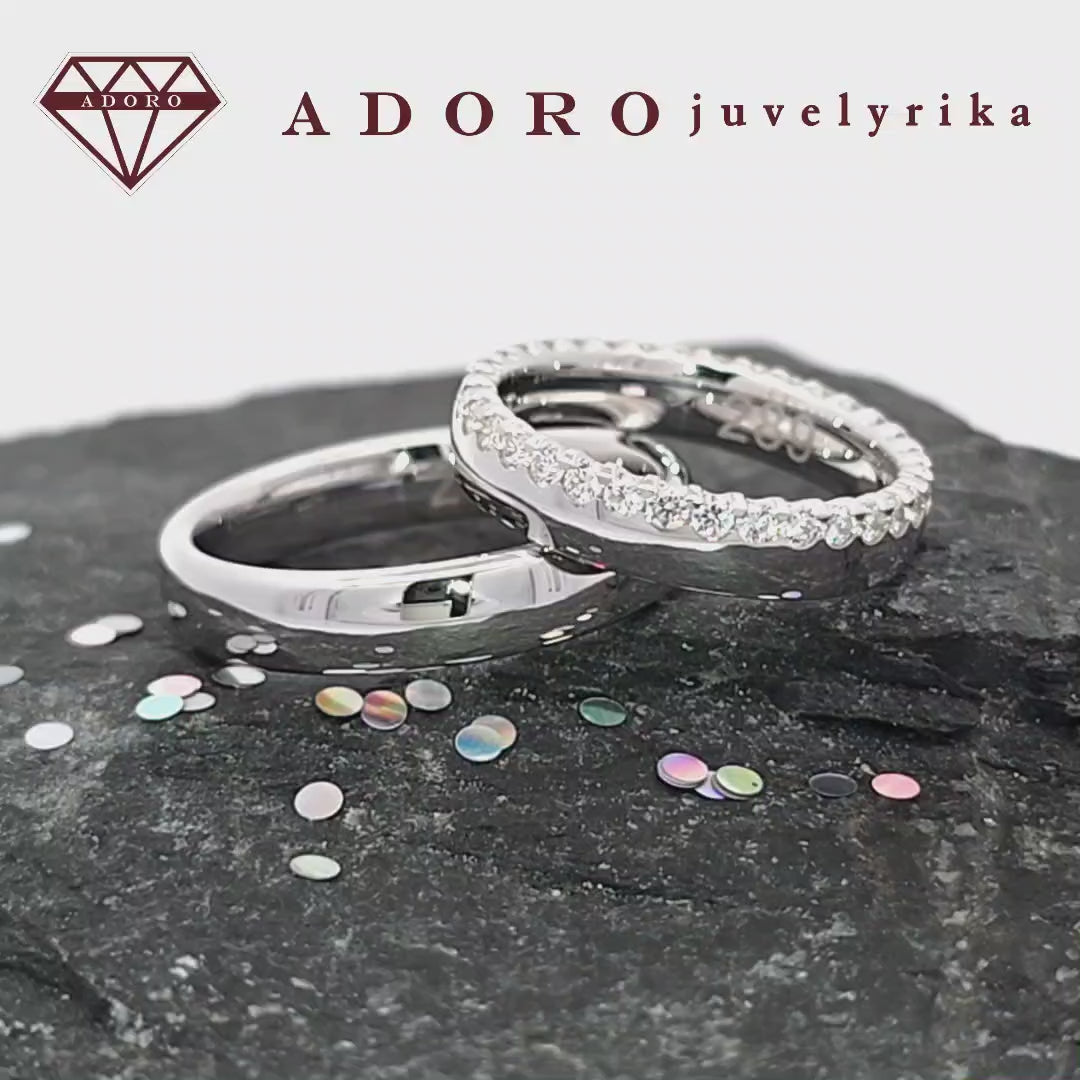 Klasikiniai vestuviniai žiedai iš balto aukso su spindinčiais deimantais – ADORO juvelyrika