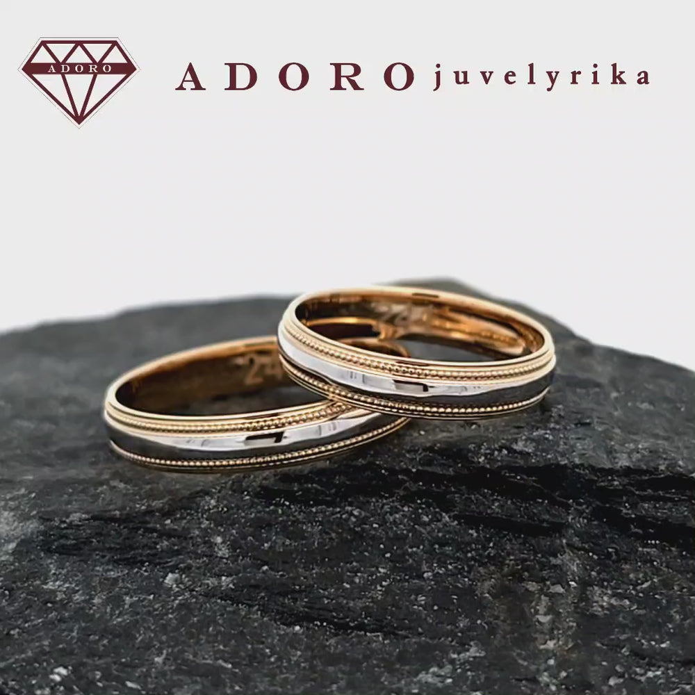 Geltono ir balto aukso vestuviniai žiedai su dekoratyviniu krašteliu – ADORO