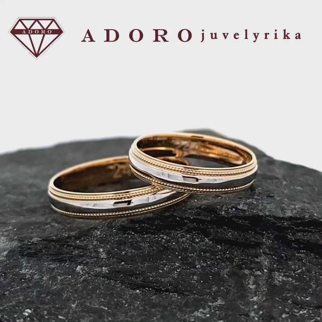 Geltono ir balto aukso vestuviniai žiedai su dekoratyviniu krašteliu – ADORO