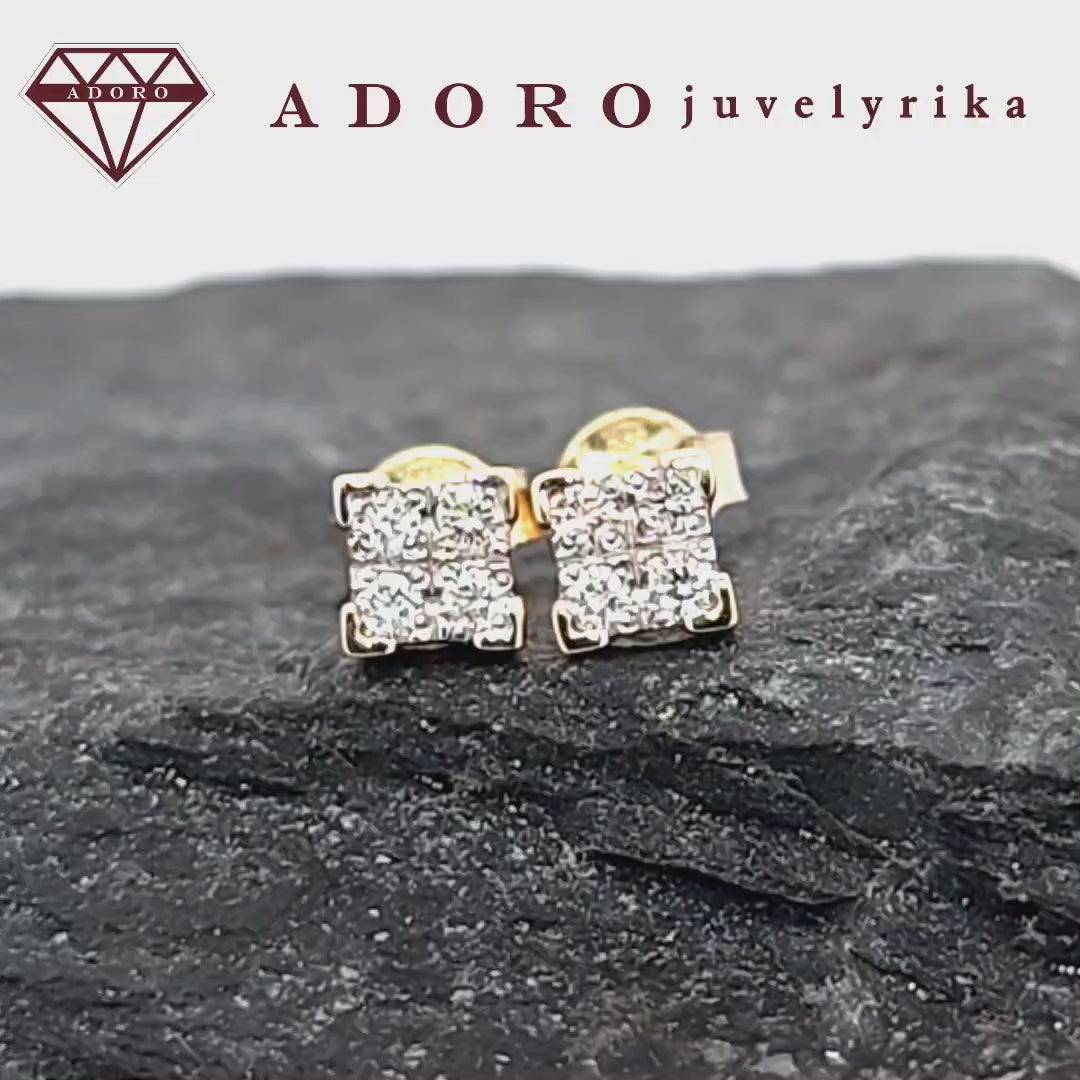Kvadrato formos geltono aukso auskarai su aštuoniais deimantais – ADORO juvelyrika