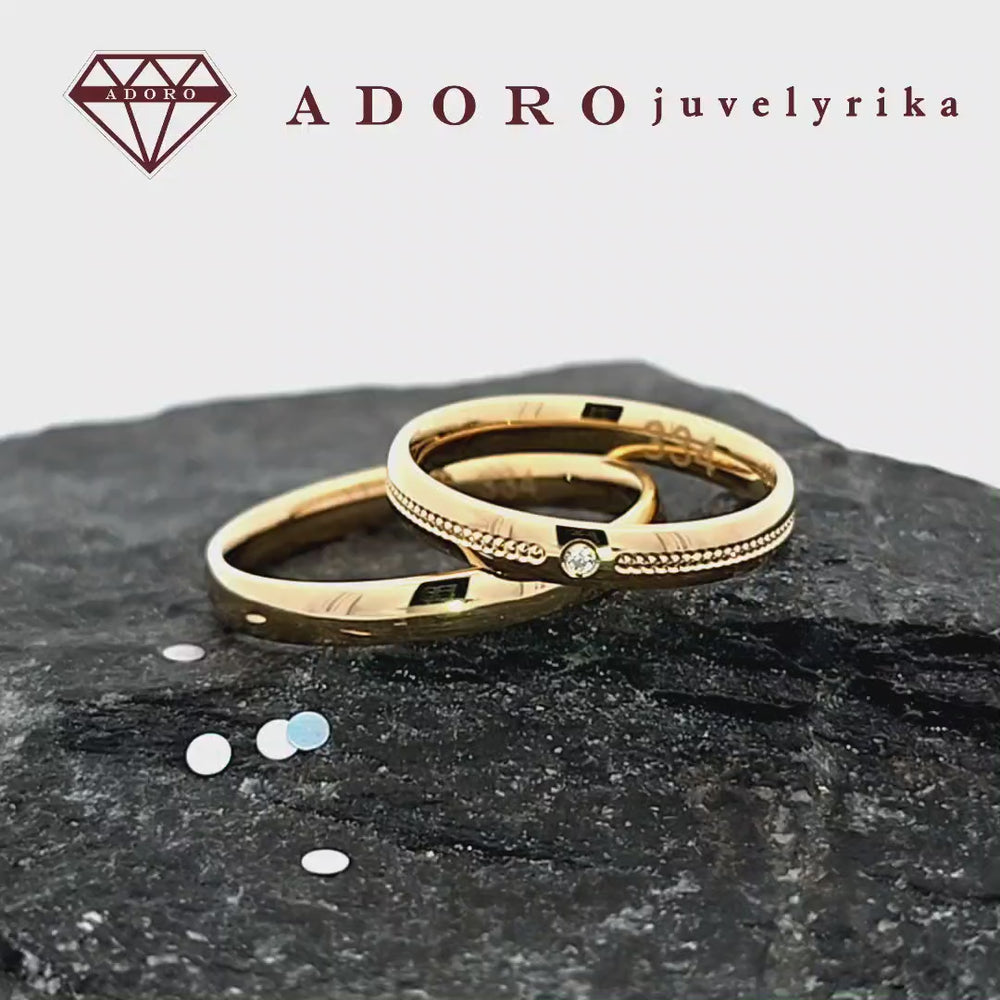 Geltono aukso vestuviniai žiedai su 0.015 ct deimantu, 585 praba – ADORO juvelyrika