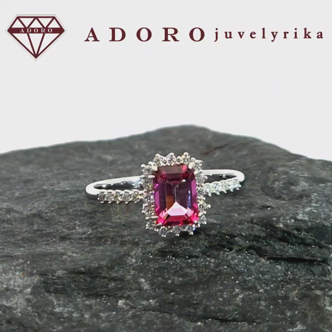 Balto aukso žiedas su natūraliu rožiniu topazu ir briliantų apdaila – ADORO juvelyrika